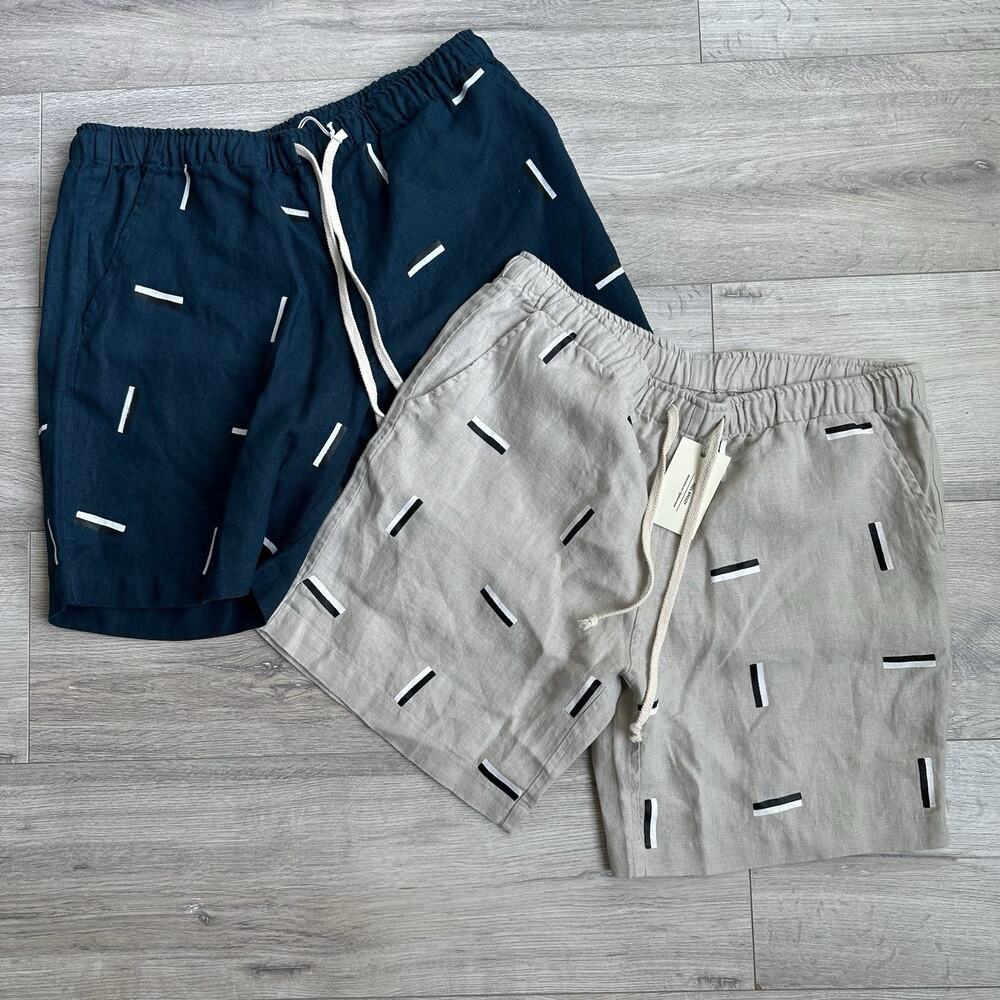 Alex Crane Bo Shorts M Blue Linen Geometric Dash Drawstring NWT 2-pair-bundle